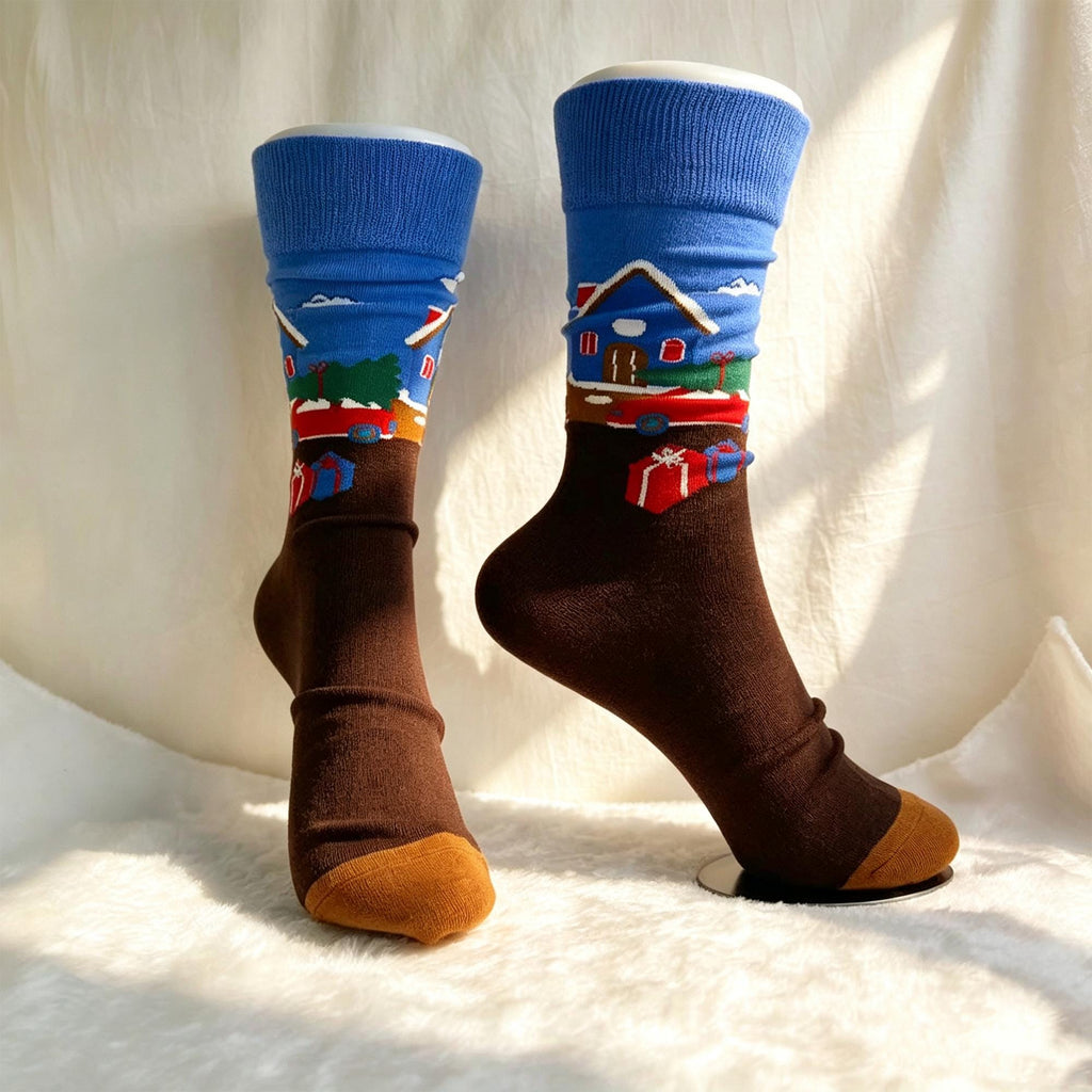 Festive Christmas Crew Socks, Holiday Novelty Santa Reindeer Socks, Cozy Winter Cabin Socks by AnnieColors, view 9
