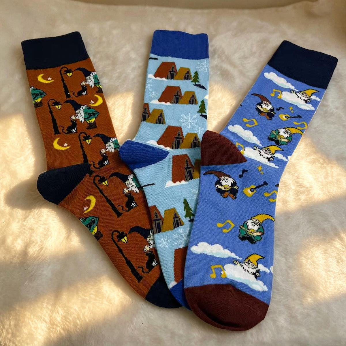Gnome Music and Winter Cabin Socks, Personalized Storybook Crew Socks, Gift sock collection by AnnieColors