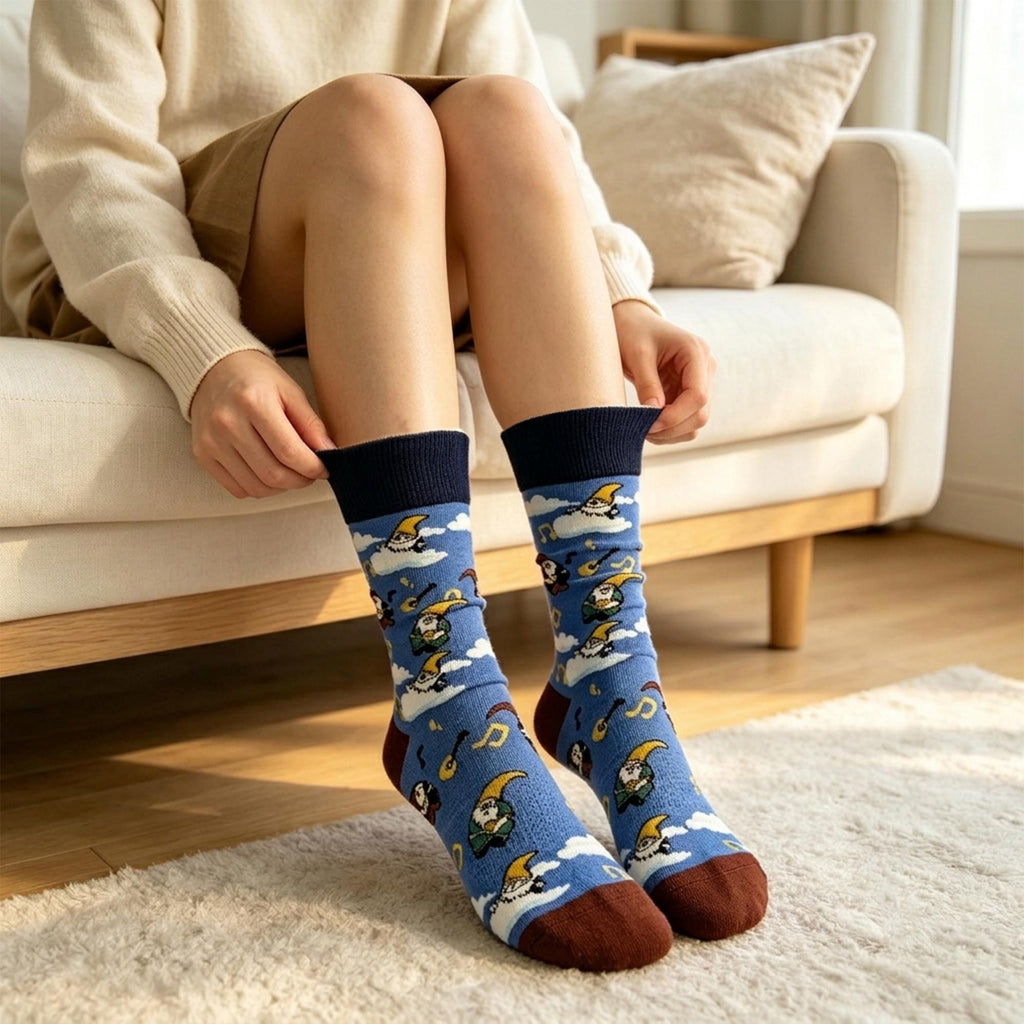 Gnome Music and Winter Cabin Socks, Personalized Storybook Crew Socks, Gift sock collection by AnnieColors, view 3