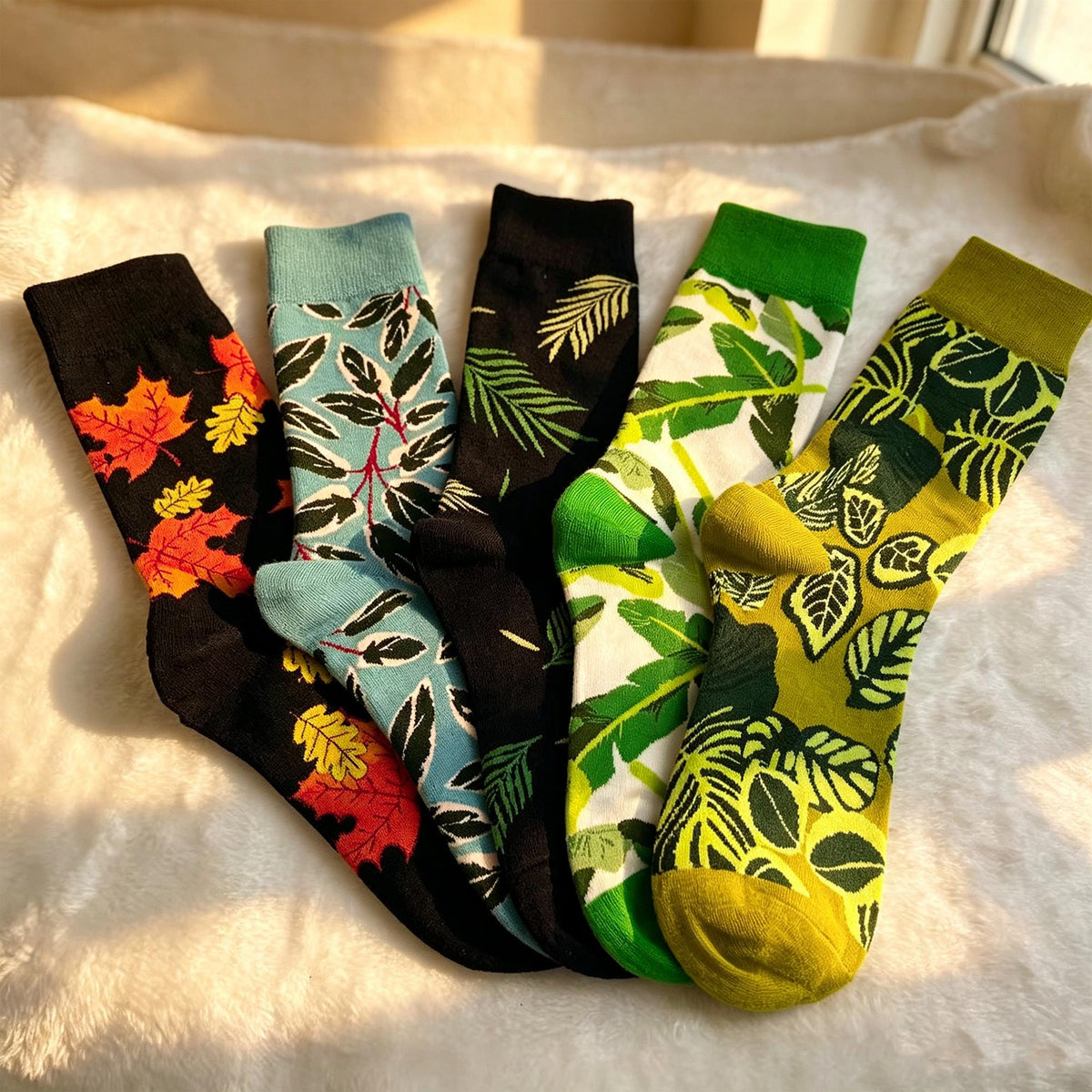 Botanical Crew Socks sock collection, Leaf Pattern Socks, Tropical &Autumn Maple Leaf Socks, Nature by AnnieColors