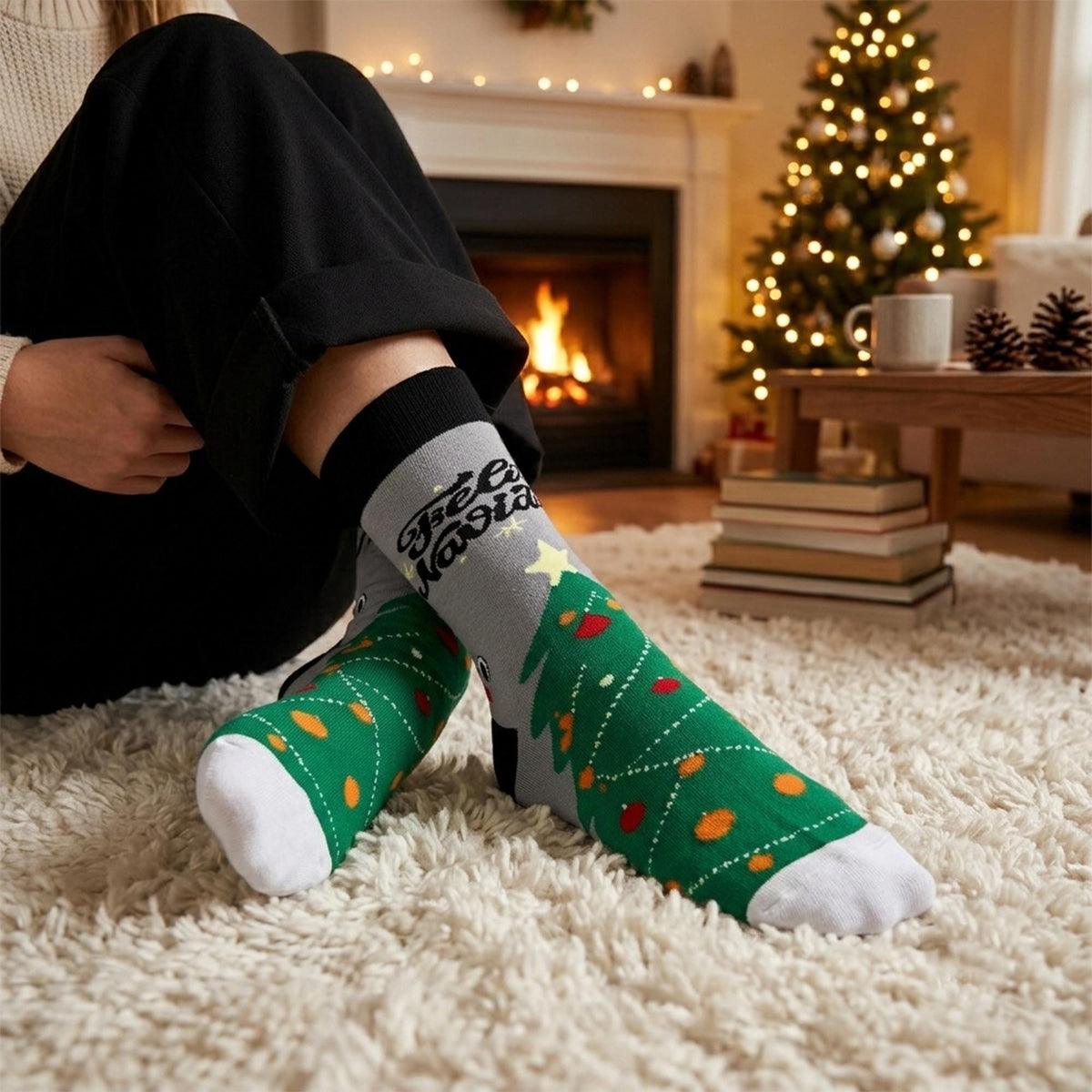 Feliz Navidad Crew Socks, Reindeer Star and Christmas Tree sock collection, Holiday Gift by AnnieColors, view 4