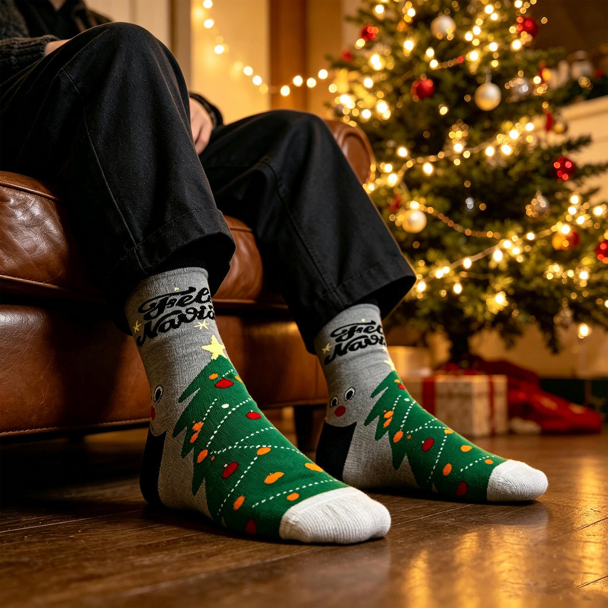 Feliz Navidad Crew Socks, Reindeer Star and Christmas Tree sock collection, Holiday Gift by AnnieColors, view 5