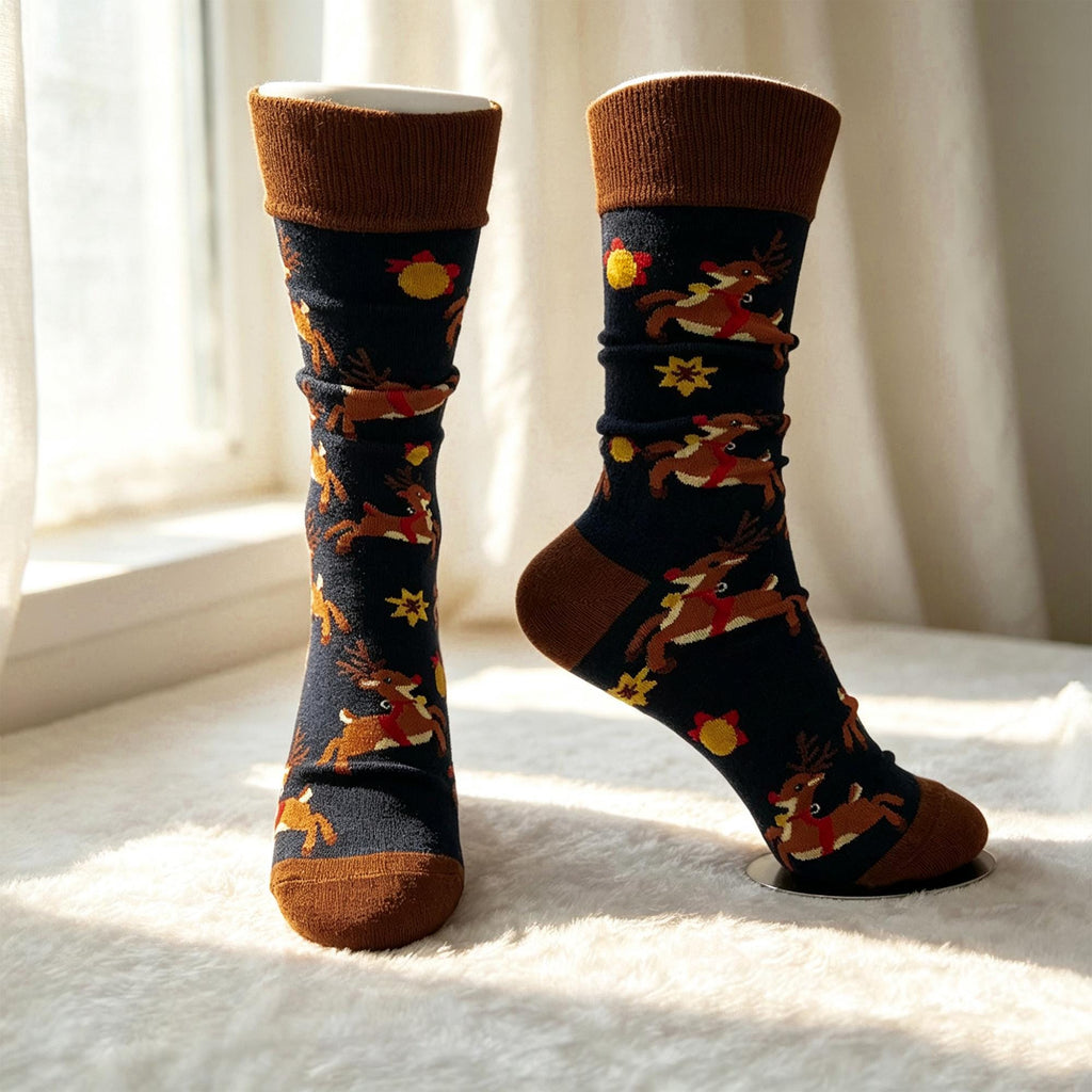 Feliz Navidad Crew Socks, Reindeer Star and Christmas Tree sock collection, Holiday Gift by AnnieColors, view 6