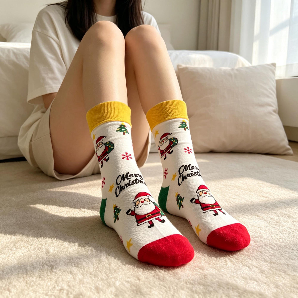 Santa Christmas Crew Socks, Biking Skating and Gift Carrying Designs, Holiday Gift for Her by AnnieColors, view 4