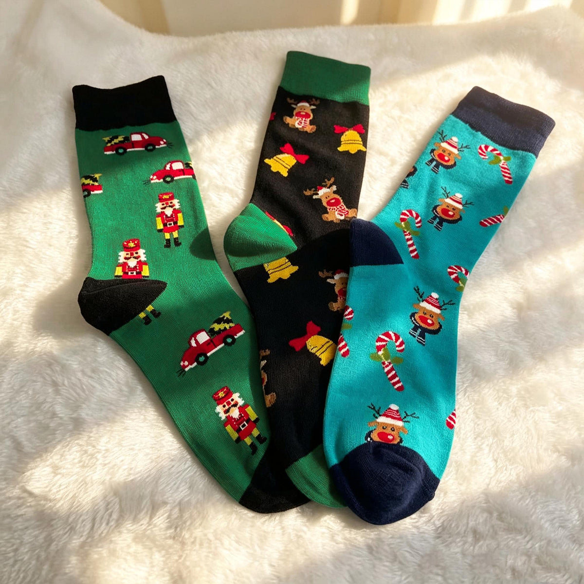 Christmas Party Crew Socks, Holiday Car Reindeer and Candy Cane Designs, Secret Santa Gift by AnnieColors