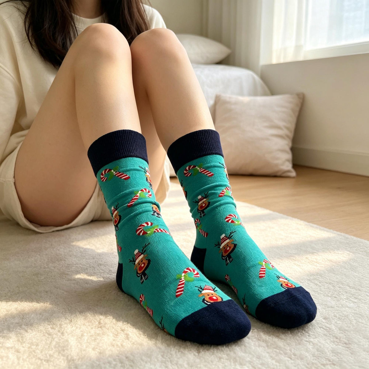 Christmas Party Crew Socks, Holiday Car Reindeer and Candy Cane Designs, Secret Santa Gift by AnnieColors, view 4