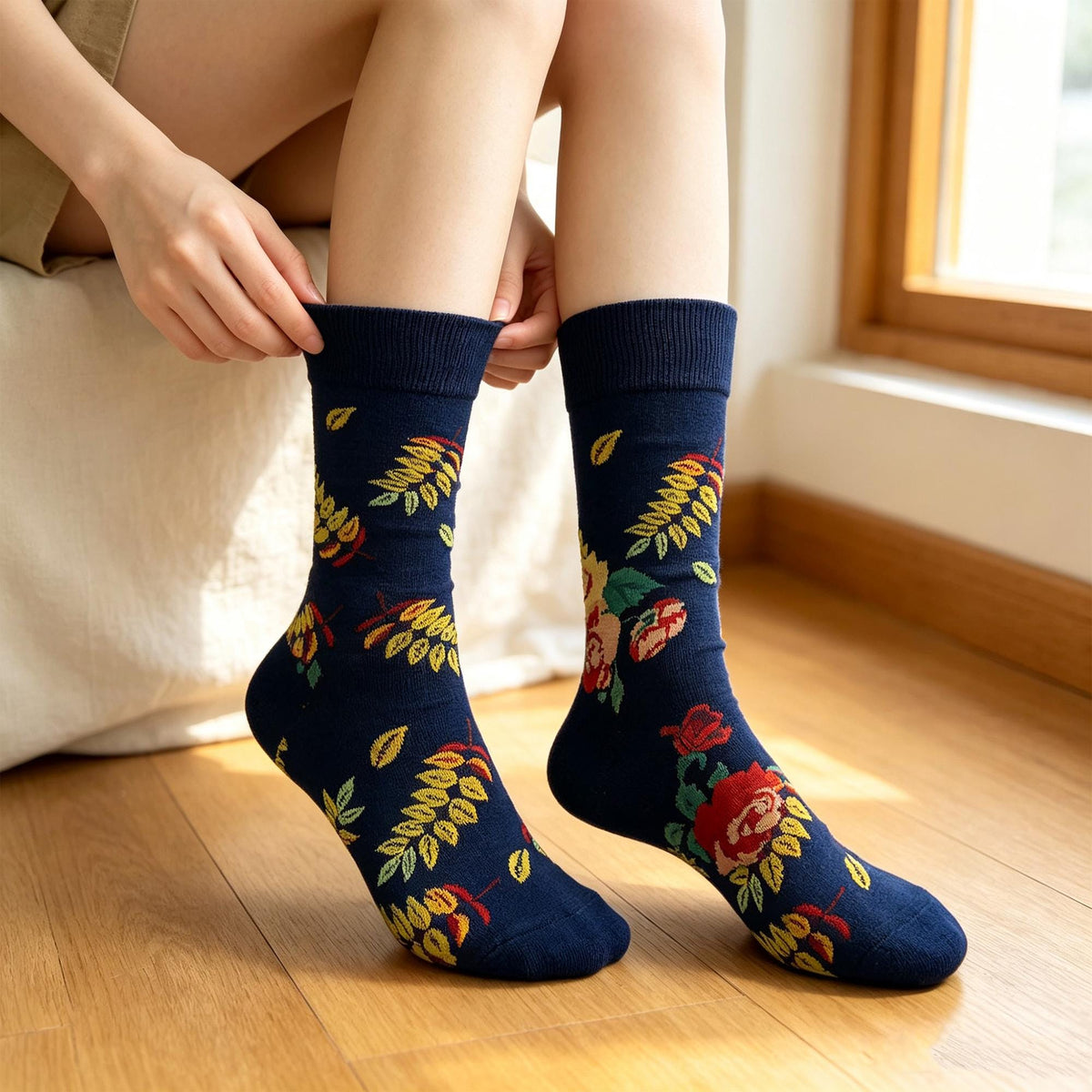Vintage Botanical Crew Socks, Retro Floral Pattern, Cottagecore Gift for Plant Lover by AnnieColors, view 3
