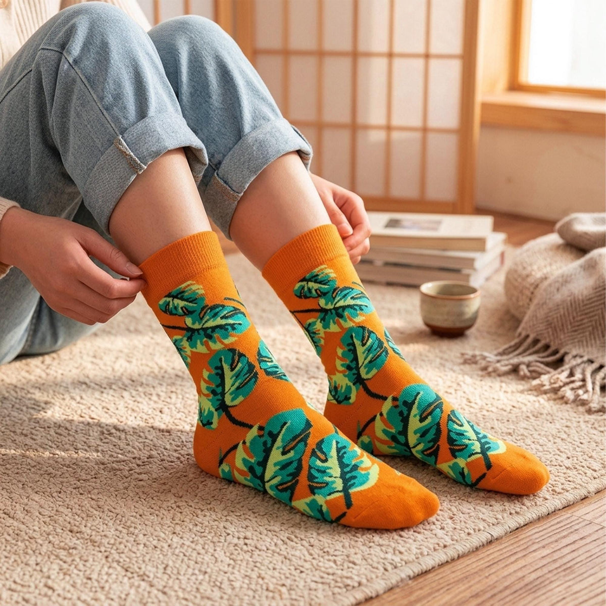 Vintage Botanical Crew Socks, Retro Floral Pattern, Cottagecore Gift for Plant Lover by AnnieColors, view 5