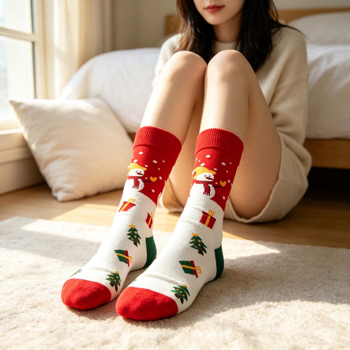 Christmas Care Package Socks, Snowman Reindeer and Tree Crew Socks, College Gift by AnnieColors, view 2