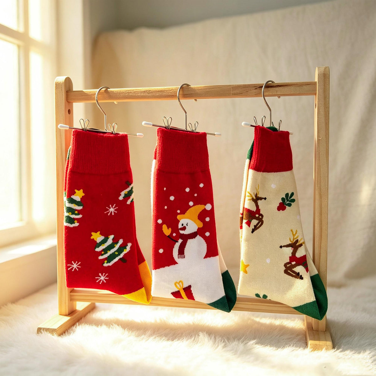 Christmas Care Package Socks, Snowman Reindeer and Tree Crew Socks, College Gift by AnnieColors, view 8