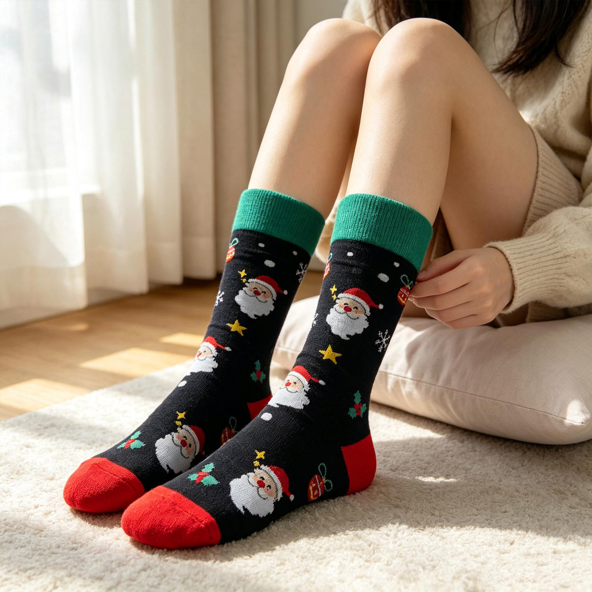 Christmas Crew Socks, Festive Winter Holiday Knit Hosiery, Cute Xmas Wreath Pattern Calf Socks by AnnieColors, view 2