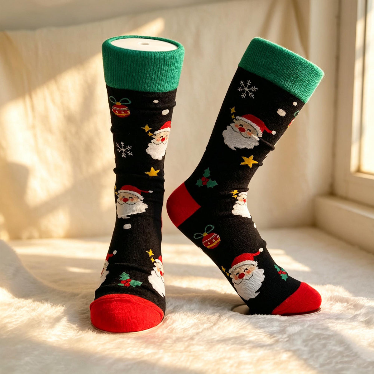 Christmas Crew Socks, Festive Winter Holiday Knit Hosiery, Cute Xmas Wreath Pattern Calf Socks by AnnieColors, view 6