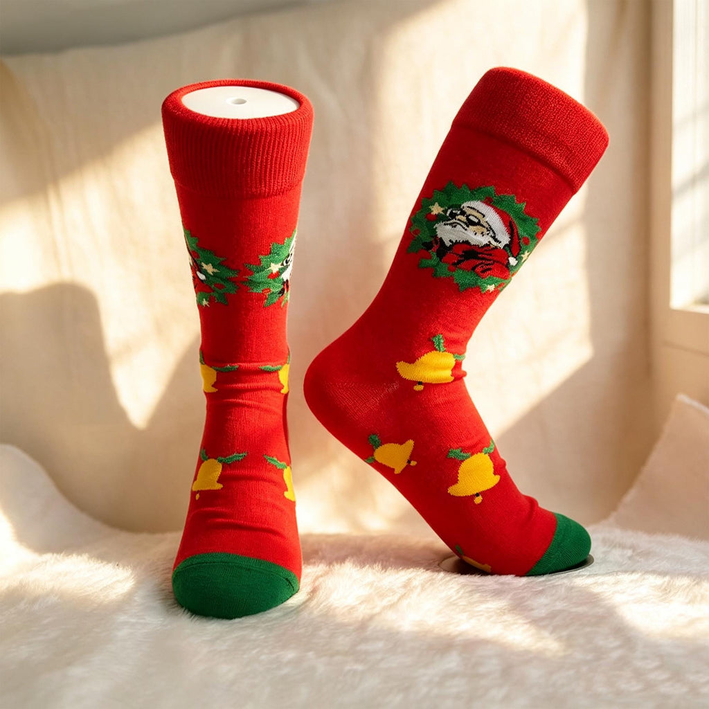 Christmas Crew Socks, Festive Winter Holiday Knit Hosiery, Cute Xmas Wreath Pattern Calf Socks by AnnieColors, view 8