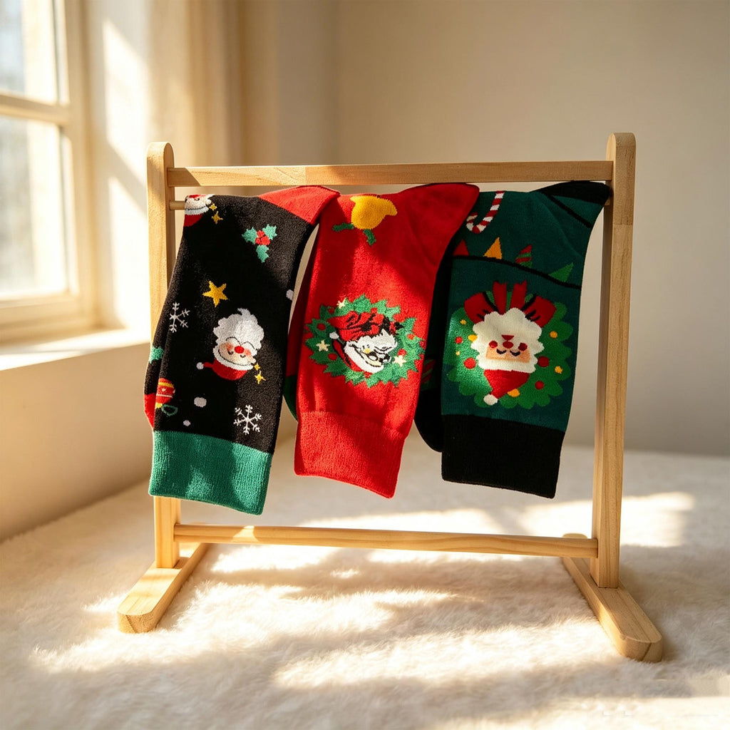 Christmas Crew Socks, Festive Winter Holiday Knit Hosiery, Cute Xmas Wreath Pattern Calf Socks by AnnieColors, view 10