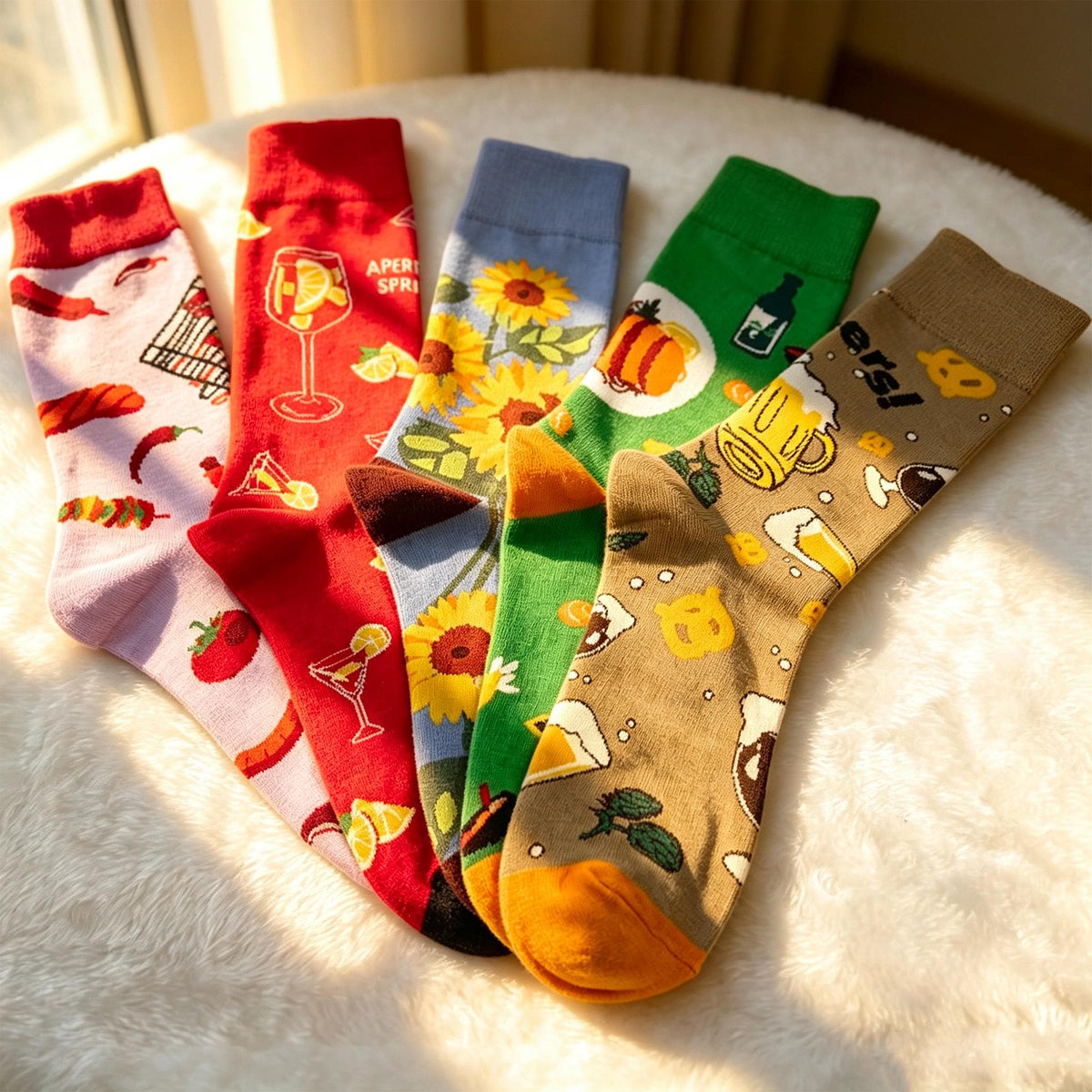 Food and Drink Crew Socks, Aperol Beer BBQ Sunflower sock collection, Summer Party Gift by AnnieColors