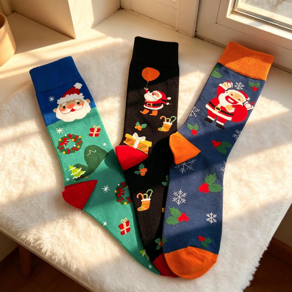 Colorful Santa Claus Crew Socks, Three Pair Christmas sock collection, Holiday Parade Gift by AnnieColors