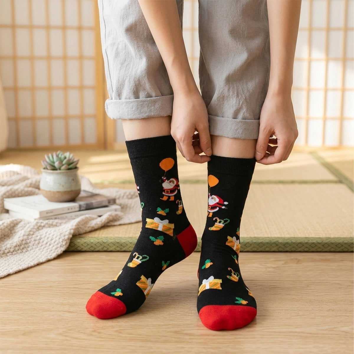 Colorful Santa Claus Crew Socks, Three Pair Christmas sock collection, Holiday Parade Gift by AnnieColors, view 2
