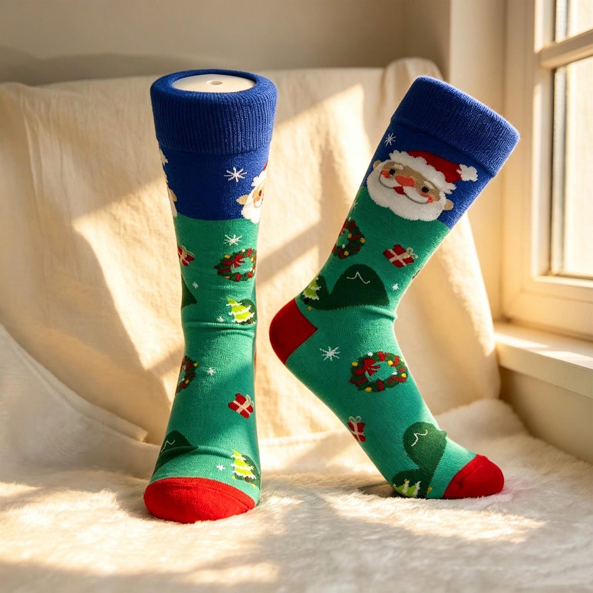 Colorful Santa Claus Crew Socks, Three Pair Christmas sock collection, Holiday Parade Gift by AnnieColors, view 9