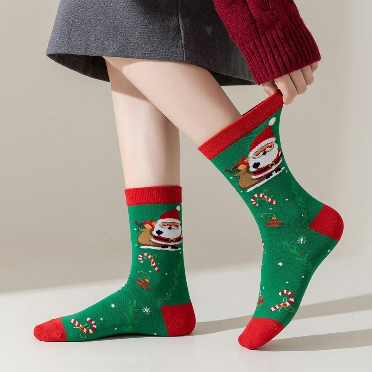 Christmas Crew Socks, Santa Claus and Reindeer Winter Socks, Cozy Holiday Gift for Family by AnnieColors, view 3