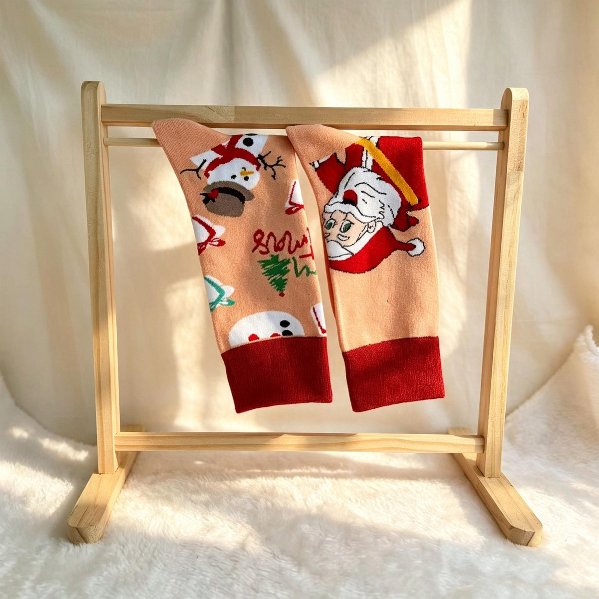 Mismatched Christmas Socks, Quirky Santa Crew Socks, Fun Three Pair Gift sock collection by AnnieColors, view 6