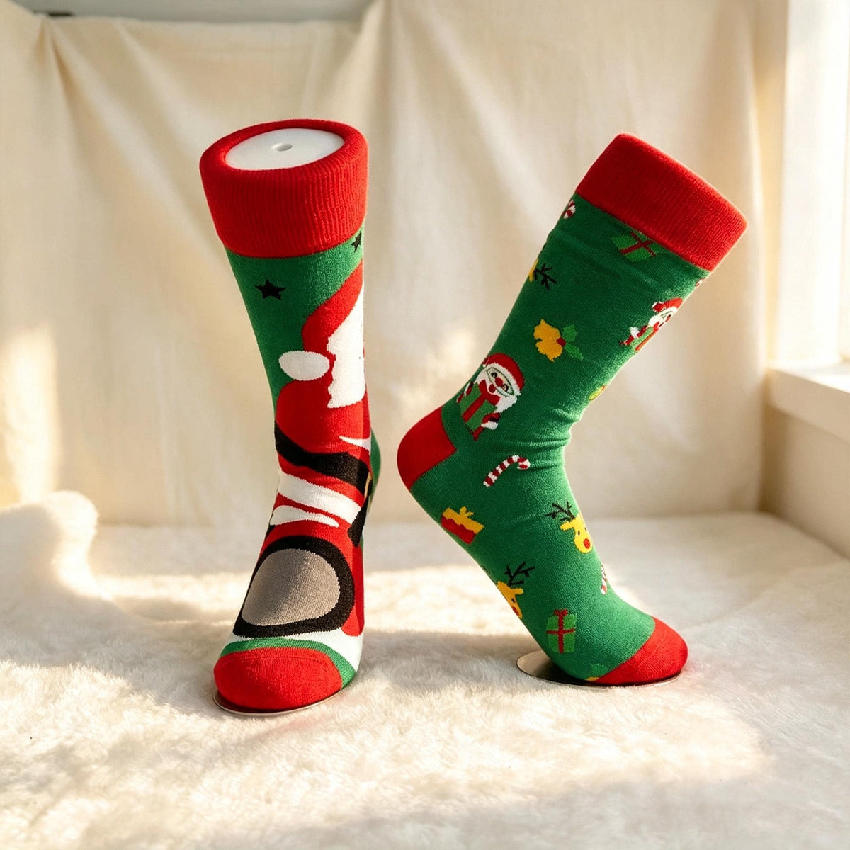Mismatched Christmas Socks, Quirky Santa Crew Socks, Fun Three Pair Gift sock collection by AnnieColors, view 7