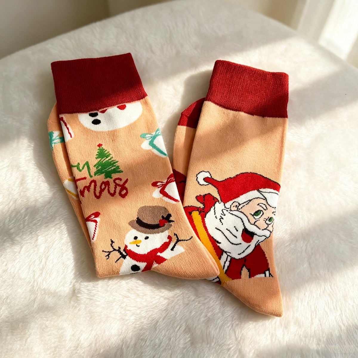 Mismatched Christmas Socks, Quirky Santa Crew Socks, Fun Three Pair Gift sock collection by AnnieColors, view 4