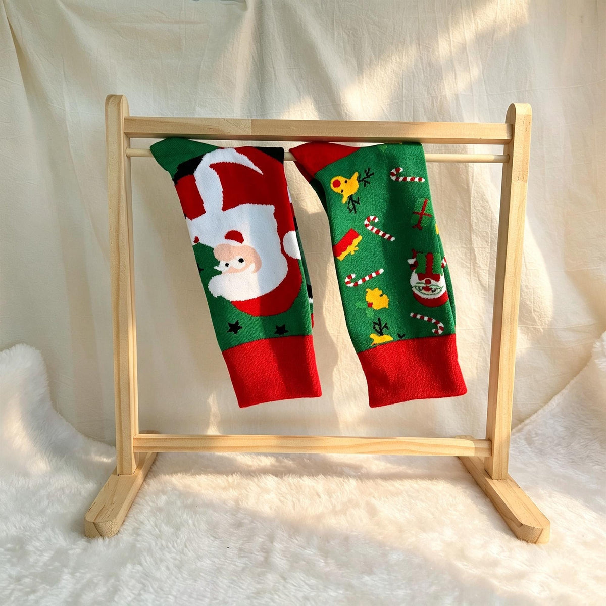 Mismatched Christmas Socks, Quirky Santa Crew Socks, Fun Three Pair Gift sock collection by AnnieColors, view 10
