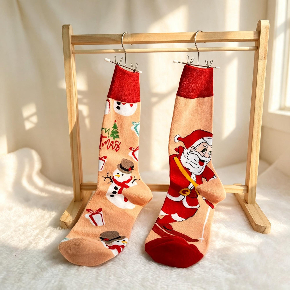 Mismatched Christmas Socks, Quirky Santa Crew Socks, Fun Three Pair Gift sock collection by AnnieColors, view 5