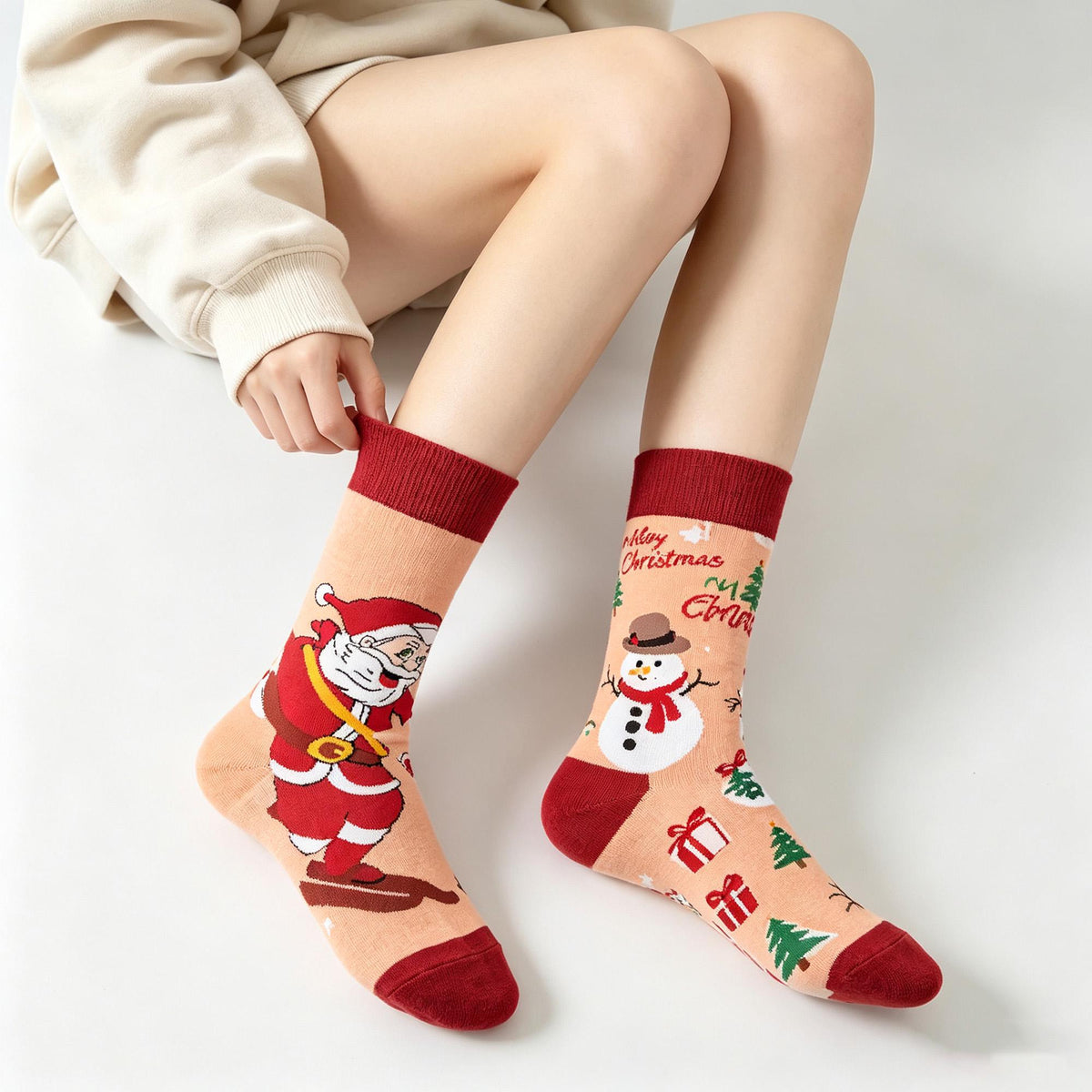 Mismatched Christmas Socks, Quirky Santa Crew Socks, Fun Three Pair Gift sock collection by AnnieColors, view 2