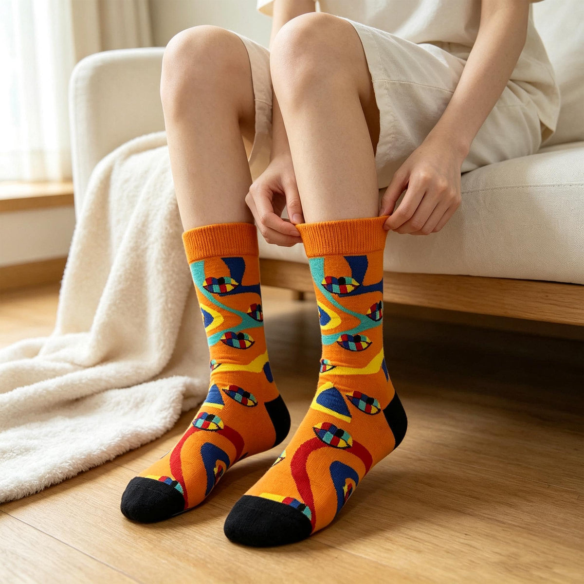 Personalized Abstract Art Crew Socks sock collection, Colorful Heart & Lip Cotton Hosiery by AnnieColors, view 3