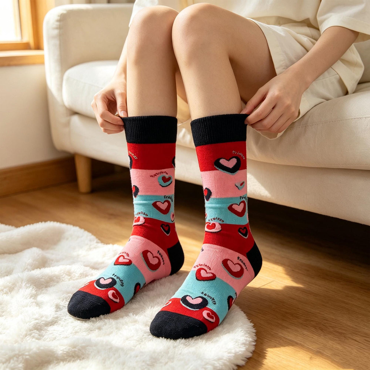 Personalized Abstract Art Crew Socks sock collection, Colorful Heart & Lip Cotton Hosiery by AnnieColors, view 2