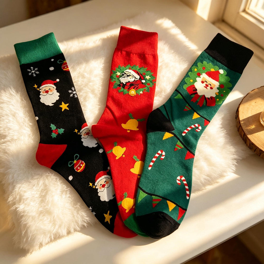 Christmas Crew Socks, Festive Winter Holiday Knit Hosiery, Cute Xmas Wreath Pattern Calf Socks by AnnieColors