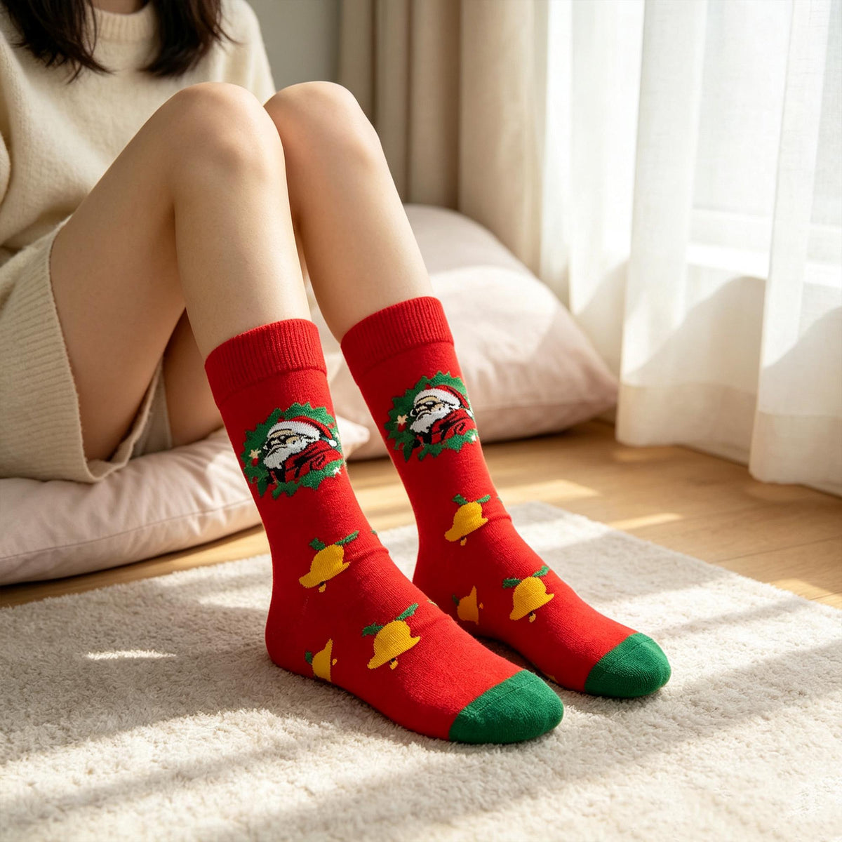 Christmas Crew Socks, Festive Winter Holiday Knit Hosiery, Cute Xmas Wreath Pattern Calf Socks by AnnieColors, view 4