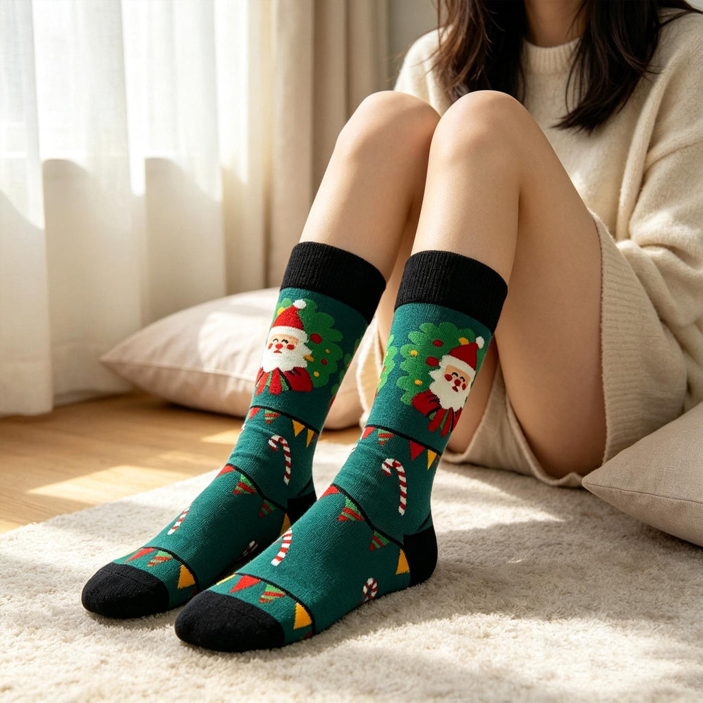 Christmas Crew Socks, Festive Winter Holiday Knit Hosiery, Cute Xmas Wreath Pattern Calf Socks by AnnieColors, view 3