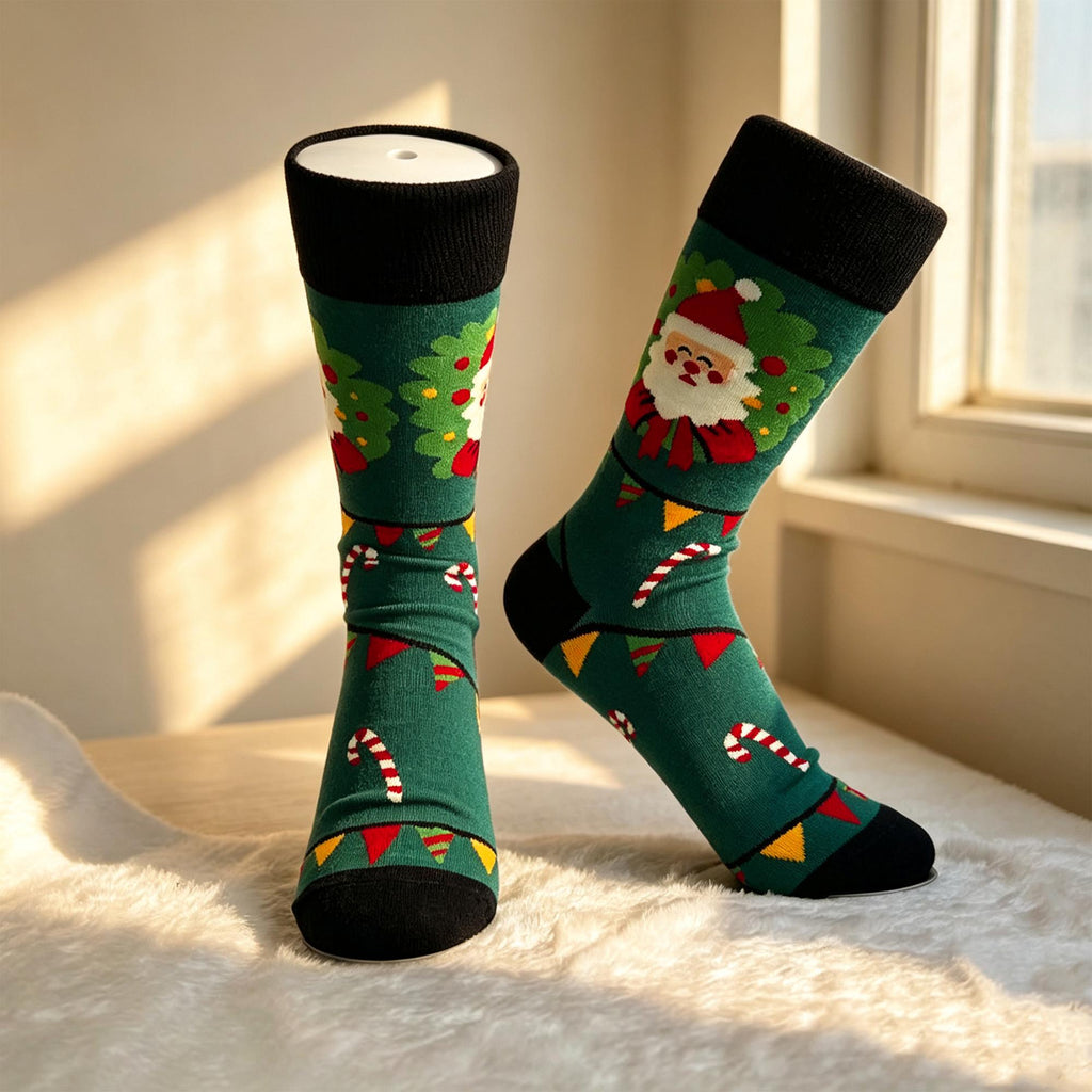 Christmas Crew Socks, Festive Winter Holiday Knit Hosiery, Cute Xmas Wreath Pattern Calf Socks by AnnieColors, view 7