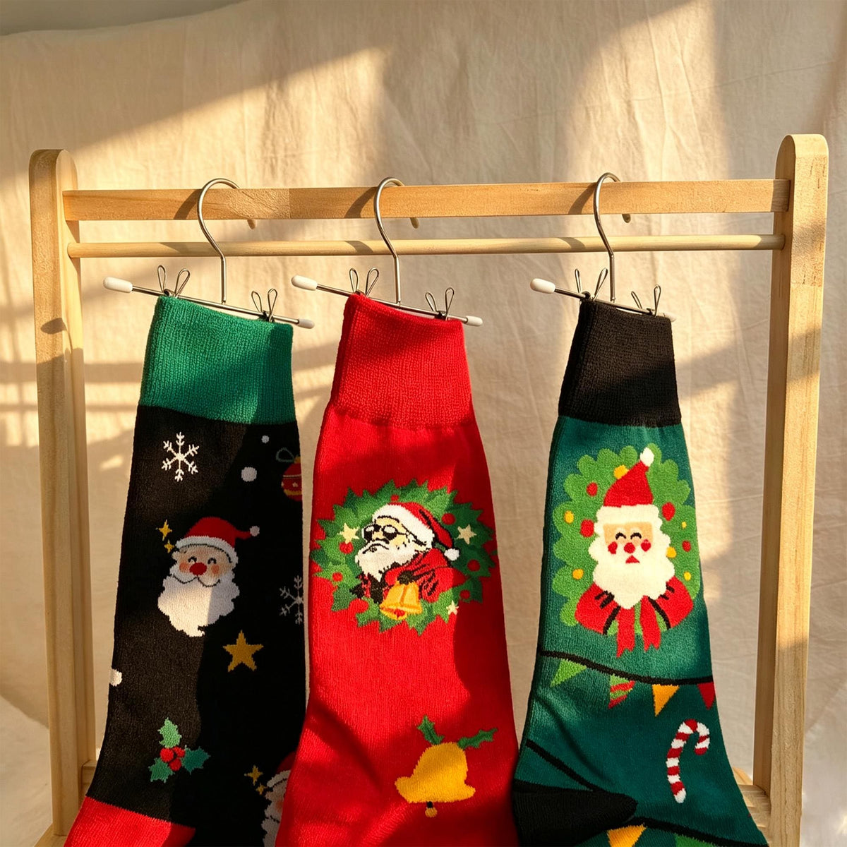 Christmas Crew Socks, Festive Winter Holiday Knit Hosiery, Cute Xmas Wreath Pattern Calf Socks by AnnieColors, view 9