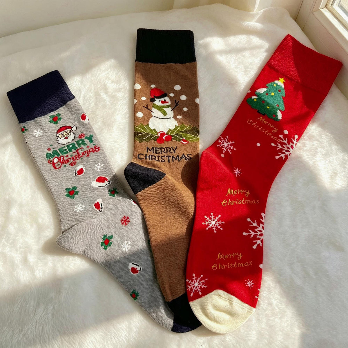 Christmas Sock Gift sock collection, Snowman Reindeer and Tree Crew Socks, Cozy Cabin Gift by AnnieColors