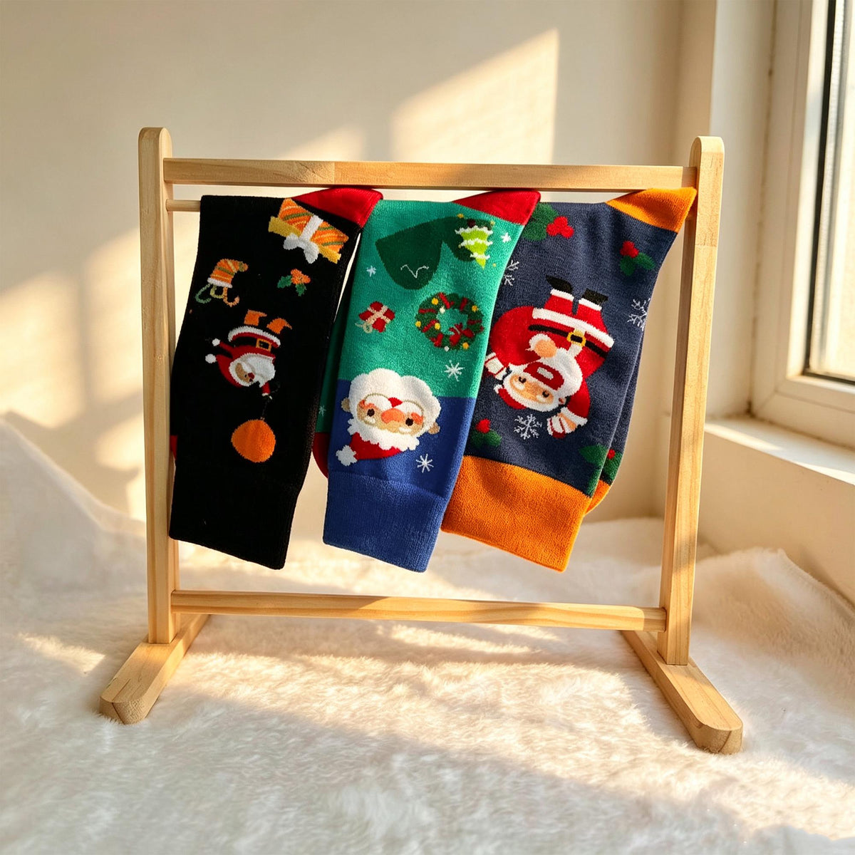 Colorful Santa Claus Crew Socks, Three Pair Christmas sock collection, Holiday Parade Gift by AnnieColors, view 10
