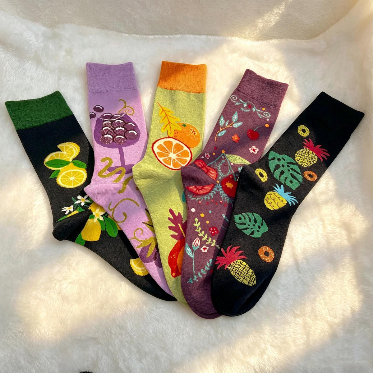 Tropical Fruit Socks sock collection, Lemon Orange Pineapple and Botanical Crew Socks, Vacation Gift by AnnieColors