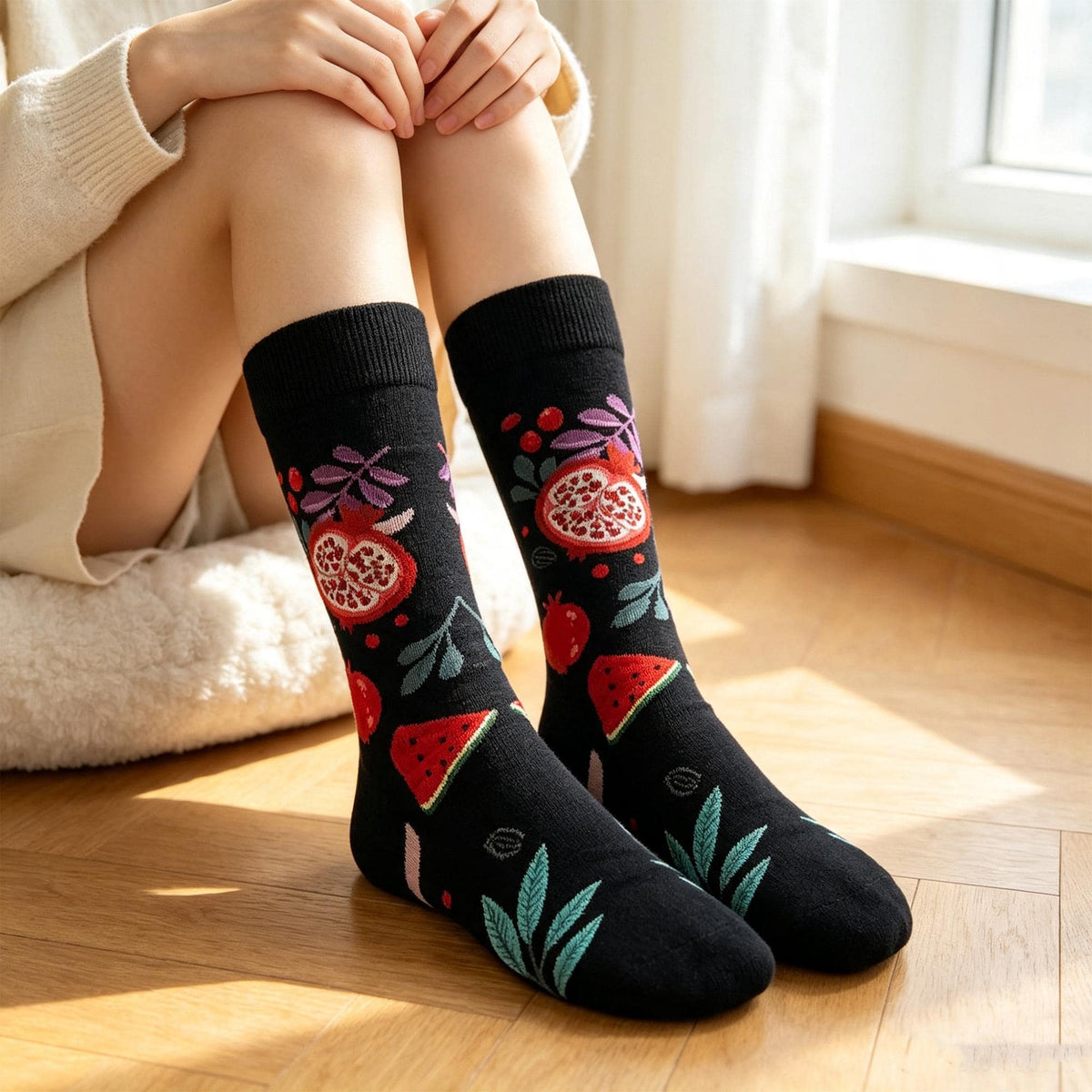 Fruit Socks Gift sock collection, Cherry Pomegranate and Watermelon Crew Socks, Summer Foodie Gift by AnnieColors, view 2