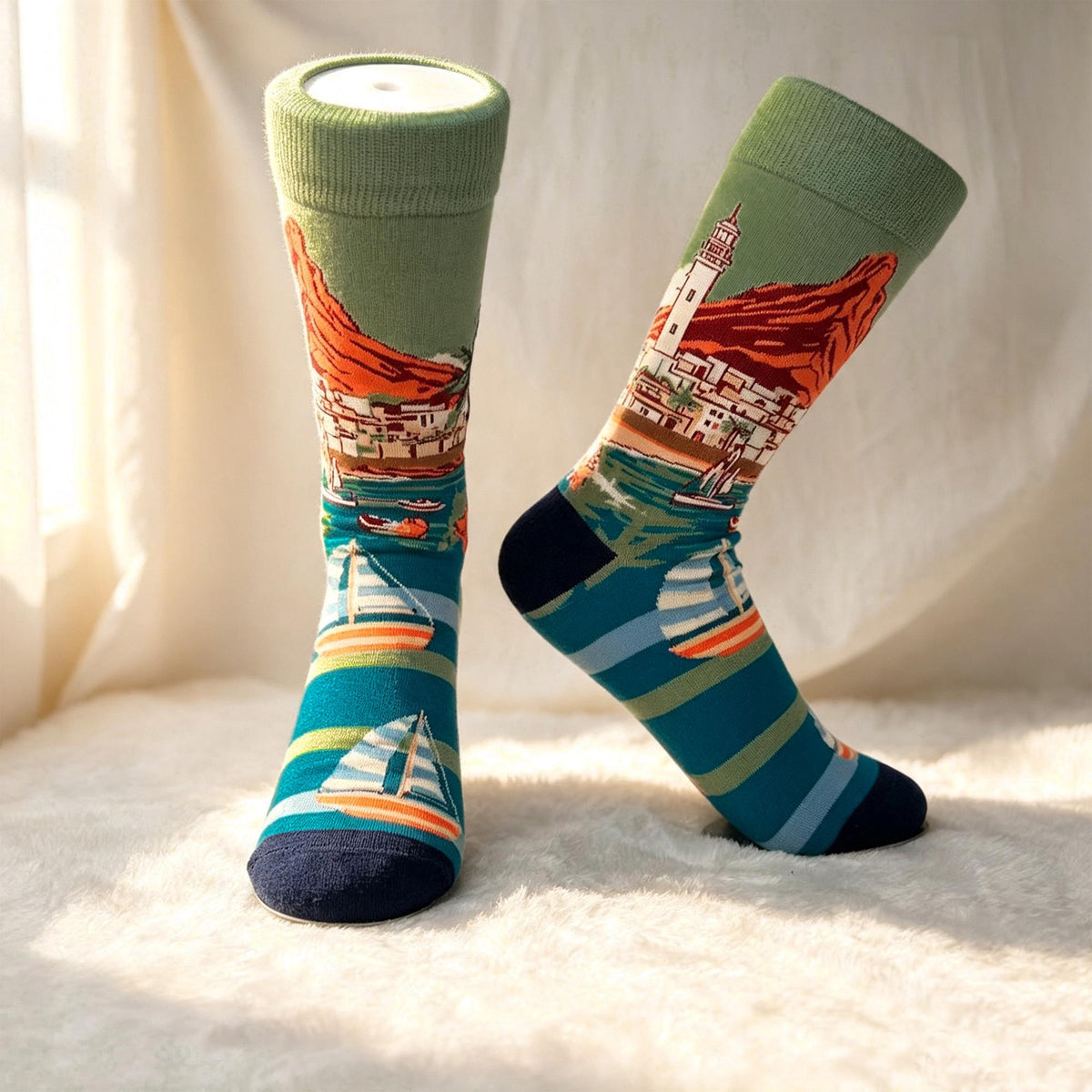 Scenic Landscape Crew Socks sock collection, Mountain, Lighthouse & Beach Cotton Hosiery by AnnieColors, view 6