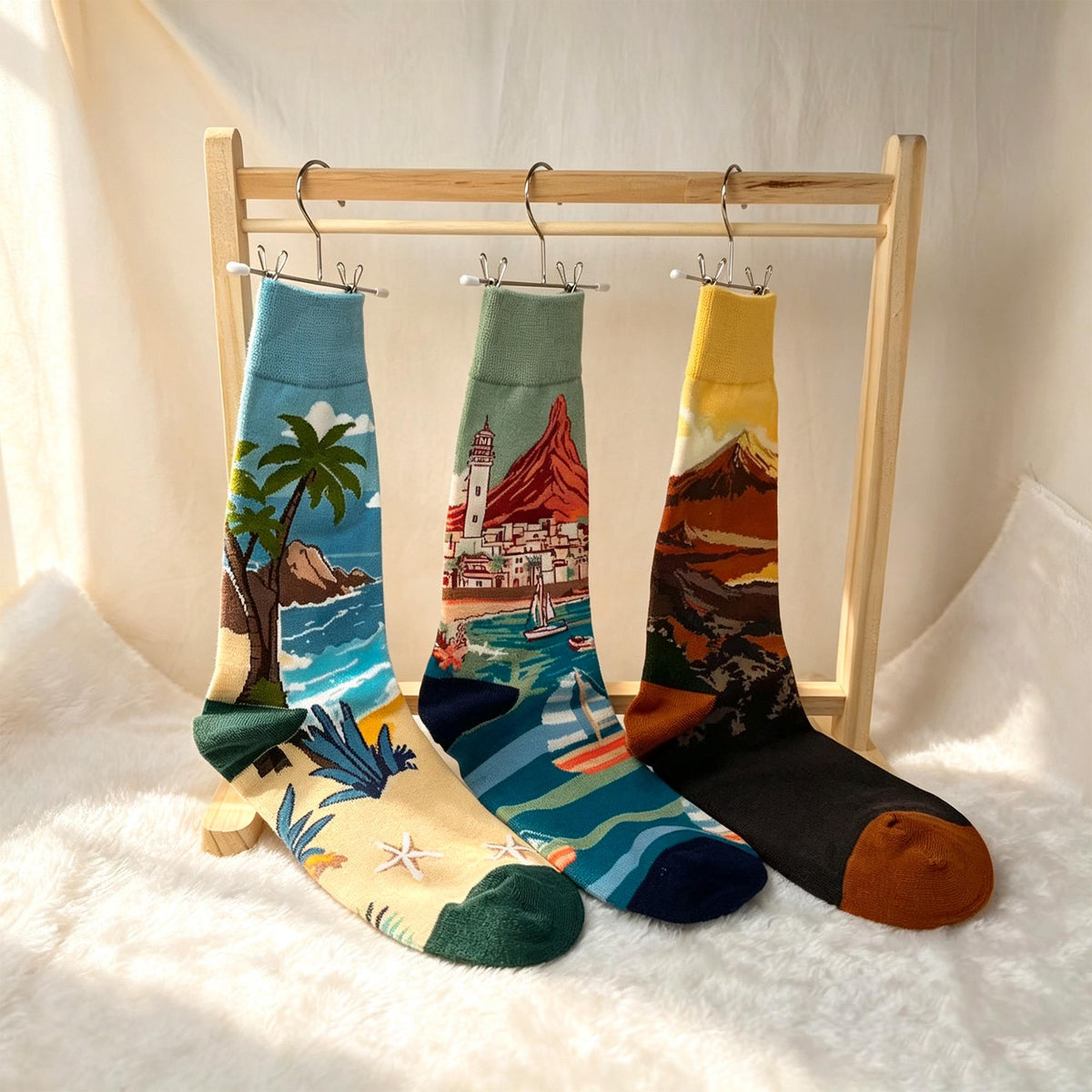 Scenic Landscape Crew Socks sock collection, Mountain, Lighthouse & Beach Cotton Hosiery by AnnieColors, view 9