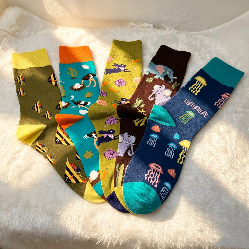 Quirky Animal Socks sock collection: Ostrich, Jellyfish and Elephant Crew Socks by AnnieColors