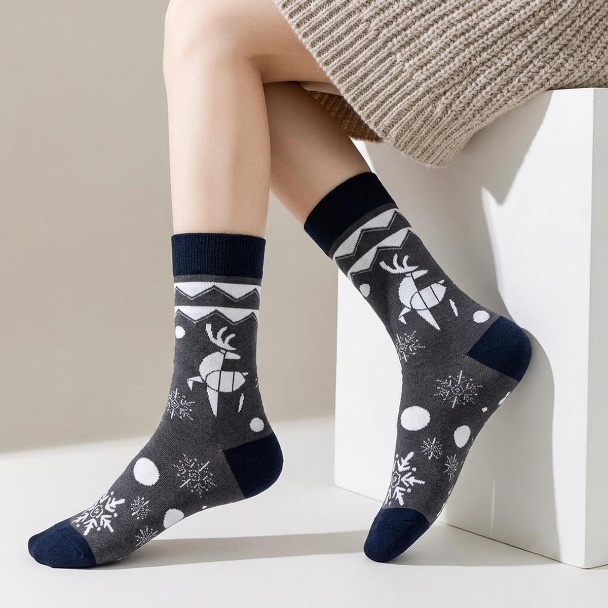 Christmas Crew Socks, Santa Claus and Reindeer Winter Socks, Cozy Holiday Gift for Family by AnnieColors, view 2