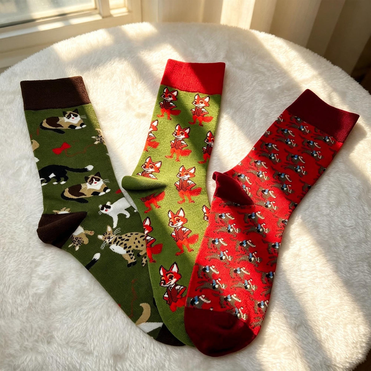 Horse Riding Cat and Fox Socks, Personalized Animal Crew Socks, Custom Gift by AnnieColors