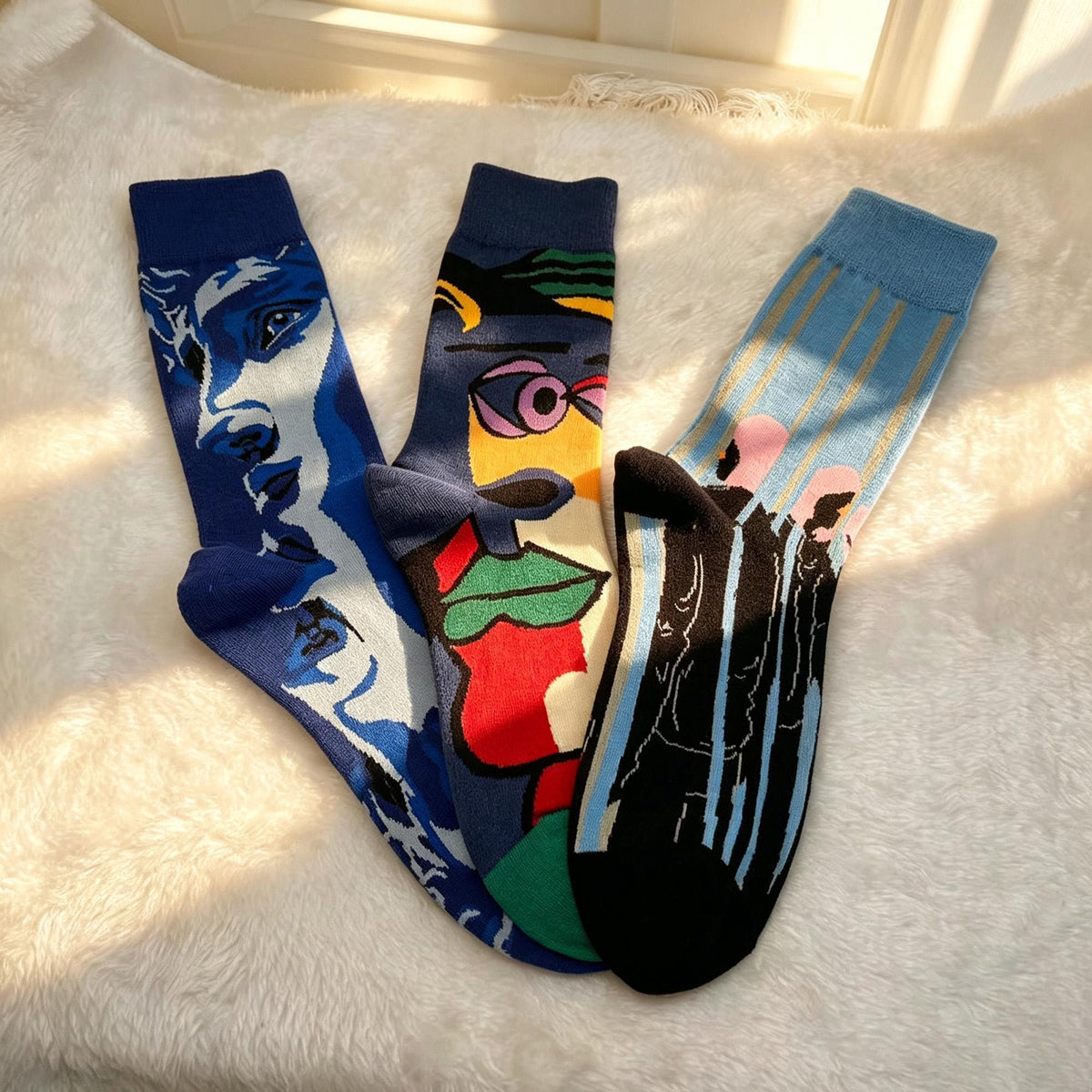 Abstract Face Socks: Modern Portrait Wearable Art Gift by AnnieColors, view 4