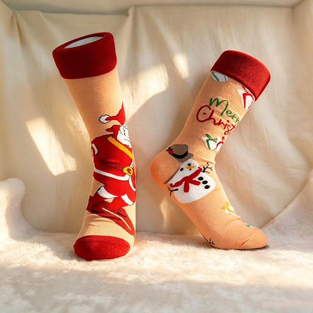 Mismatched Christmas Socks, Quirky Santa Crew Socks, Fun Three Pair Gift sock collection by AnnieColors, view 3