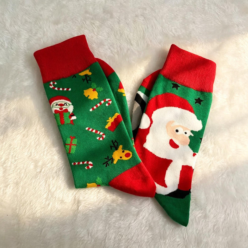 Mismatched Christmas Socks, Quirky Santa Crew Socks, Fun Three Pair Gift sock collection by AnnieColors, view 9