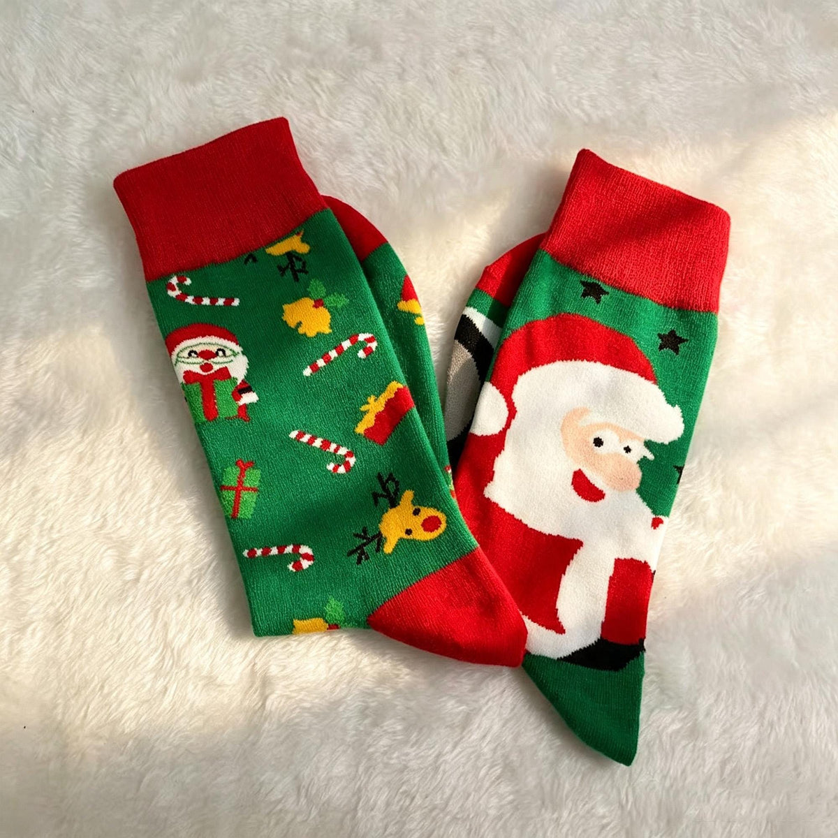 Mismatched Christmas Socks, Quirky Santa Crew Socks, Fun Three Pair Gift sock collection by AnnieColors, view 9