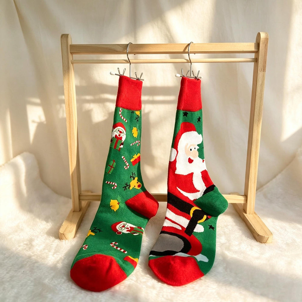 Mismatched Christmas Socks, Quirky Santa Crew Socks, Fun Three Pair Gift sock collection by AnnieColors, view 8